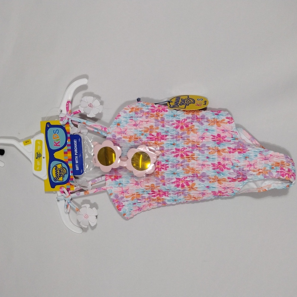 NWT Banana Boat Toddler Girls Daisy Print Smocked Front Swimsuit W/ Ties Size 4T